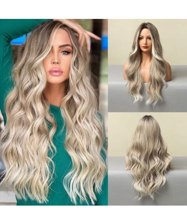 HANYUDIE Ombre Blonde Wig Long Wavy Wig For Women Middle Part Wavy Wigs Synthetic Heat Resistant Party Wigs (Ombre Ash Blonde) Long Wavy Wig Ombre Blonde