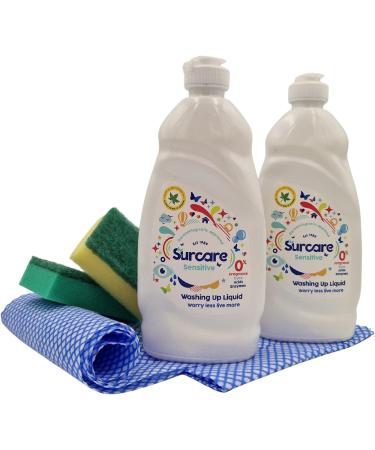 Sensitive Washing up Liquid Bundle with 2x Surcare Washing up Liquid 450ml 2x Sponge Scourer 2x All Purpose Cleaning Cloths and 1x Wonder Bundles Leaflet - Buy Online on GoSupps.com