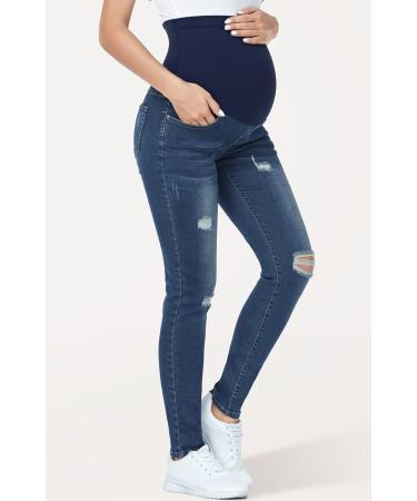 PACBREEZE Women's Maternity Jeans | High Waist Denim Skinny Pants | Over The Belly | Stretchy and Slim Fit | Ripped Indigo Blue | With Pockets - Buy Online on GoSupps.com