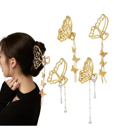 4 PACK Metal Big Gold Butterfly Hair Clips Clamp Tassel Nonslip Hair Claw Hair Accessories for Women Girls for Thinner Thick Hair Styling Fashion Hair Supplies Butterfly Tassel