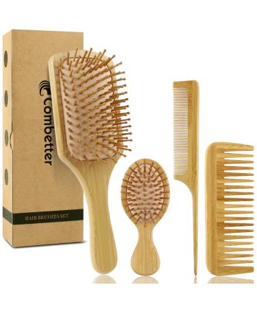 Bamboo Hair Brushes and Comb Set  Hair Comb for Women and Detangling Paddle Wood Brush  Great On Wet or Dry Hair  suit for Women Men and Kids by Combetter