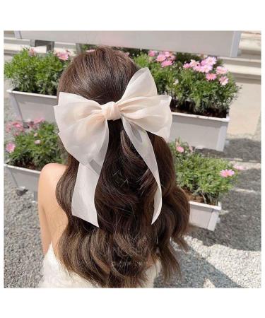 Inilbran Vintage Silk Bow Hair Clips Long Silk Satin Bow Hair Barrettes French Chiffon Hair Clip Barrette Long Silk Ribbon Bow Hair Clips Headpiece Large Silky Bow Hair Accessories for Women Champagne