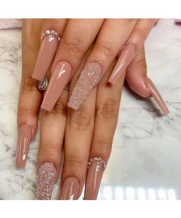 BABALAL Glossy Press on Nails Long Coffin Full Cover False Nails Shiny Stick on Nails Nude Fake Nails for Women and Girls CRJL02