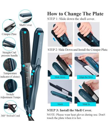 CkeyiN Hair Crimper Professional Crimping Iron with 4 Interchangeable Plates - Fluffy Hairstyle Corn Perm Waves Straightener | Adjustable Temperatures | Heat Resistant Glove - Green - Buy Online on GoSupps.com