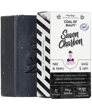 Monsieur BARBIER Charcoal Handmade Solid Soap | Face & Skin | French, natural and vegan | Purifies and detoxifies the skin | Based on activated bamboo charcoal, Jojoba and Palmarosa | 100g