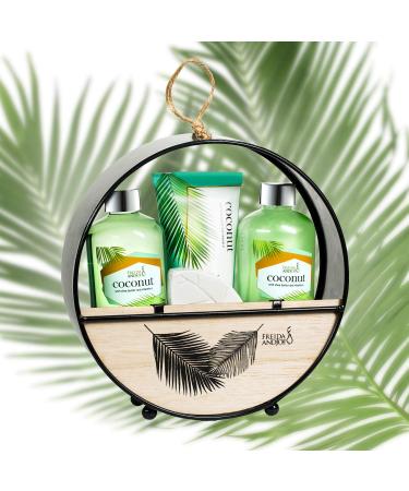 Coconut Spa Bath and Body Set in Modern Wood Round Holder - Shower Gel, Bubble Bath, Body Lotion & Bath Bomb Fizzer - Relaxation Home Spa Gift Basket for Women - Buy Online on GoSupps.com