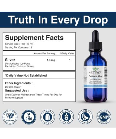Earthborn Colloidal Silver Liquid (4oz) 100 PPM & 99.999% Pure Monatomic Silver Water - Natural Plata Colloidal Supplement for Immune Support Unflavored Glass Bottle 4 Fl Oz (Pack of 1) - Buy Online on GoSupps.com