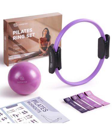LIONSCOOL PILATES RING SET - Premium Anti-Deformation 14Magic Circle with Dual Padded Handles - Includes Burst Resistant Pilates Mini Ball & Highly Elastic Resistance Bands - Free Workout Guide & Bag Purple