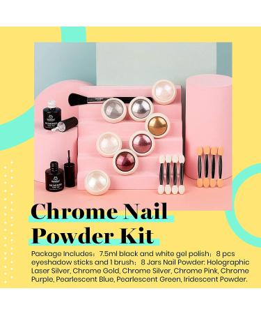 Beetles Chrome Nail Powder Kit - Black & White | Mirror Effect Holo Nail Powder Set - 8 Colors 1g/0.5g Jars | Manicure Art Glitter Decoration - Buy Online on GoSupps.com