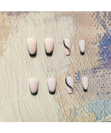 Coffin Shape French Tip Press on Nails - Black Sliver Wave Design - 24Pcs - Buy Online on GoSupps.com