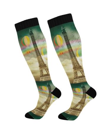 Haskirky High Elasticity Compression Socks High Knee Socks Adult Universal Leisure Relieve Fatigue Colourful Paris Rainbow Hot Air Balloon Travel Daily with Running (2 Pair)