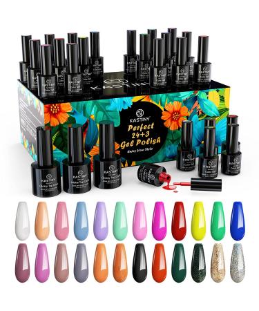 Gel Nail Polish Kit, Kastiny 24 Colors Glitter Rainbow Soak Off Nail Gel Collection with Base, Glossy & Matte Top Coat, Gel Nail Polish Set DIY Manicure Kit for Christmas New Year Gift Rainbow 27 Piece Set