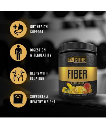 5% Nutrition Core Fiber Powder | Prebiotic Soluble High Fiber Blend Supplement Sugar Free with Fibersol Fructooligosaccharides (FOS) Polydextrose & Psyllium Husk | Citrus Mango Flavor 30 Servings - Buy Online on GoSupps.com