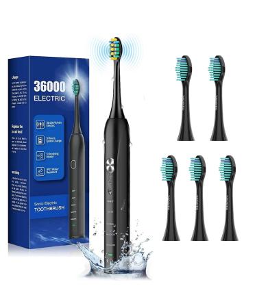 Electric Toothbrush for Adults, YAGHVEO Sonic Toothbrush, Deep Clean, 5 Modes, 4 Hours Fast Charge for 50 Days Use (5 Heads - Black) S5505-blk