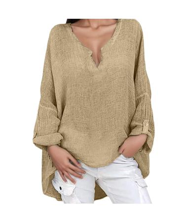 Women's Summer Cotton Linen Loose Fit Blouse Dandelion Tops Ladies Retro T-Shirts Casual Holiday Vacation Long Sleeve Tunic Top V-Neck Plus Size Tee Tops 2066-qppoj-a-khaki 5XL