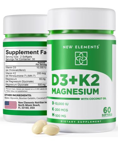 New Elements Vitamin D3 K2 10 000 IU with Magnesium Glycinate 500mg - Bone Health Immune Support Energy & Mood - Non-GMO Gluten-Free Sugar-Free Softgels for Women & Men (60 softgels)