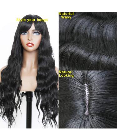 FUGADY Black Wavy Wig with Bangs | Long Synthetic Body Wave Wig - Heat Resistant & Affordable | Ideal for Cosplay - 24 Inches - Buy Online on GoSupps.com