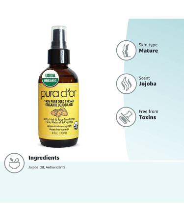 PURA DOR Organic Jojoba Oil (4oz) - 100% Pure USDA Certified, Cold Pressed, Hexane-Free Carrier Oil for Skin, Hair & Nails - Buy Online on GoSupps.com