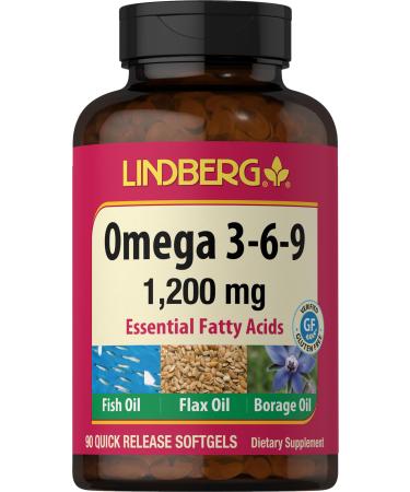Lindberg Omega 3 6 9 Supplements | 1200mg | 90 Softgels | Essential Fatty Acids | with Fish Flax and Borage Oil | Non-GMO Gluten Free