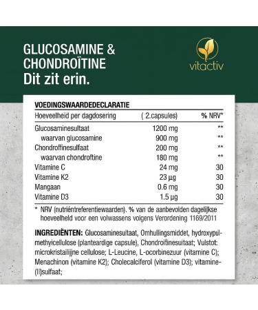 Vitactiv Natural Nutrition VITACTIV glucosamine & chondroitin 60 capsules high dose with 1200 mg glucosaminesulfaat plus vitamin C D K2 in mangaan - Buy Online on GoSupps.com
