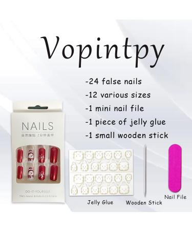 Christmas Press on Nails Cute Snowman & Snowflake Design | Glossy Red False Nails | Medium Square | Reusable Stick-on Nails for Holiday Manicure - Buy Online on GoSupps.com
