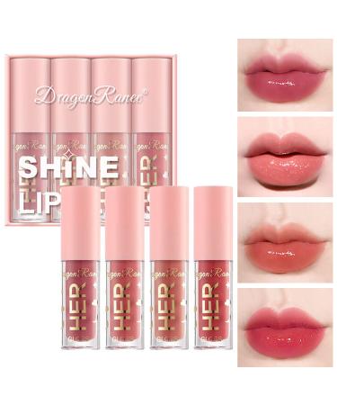 4PCS Lip Oil Light Lip Gloss Set Moisturizing Hydrating Lip Glos Tinted Lip Stain Care Transparent Toot Glow Oil Lip Gloss Kit Long Lasting Waterproof Non-sticky Cup Not-Fade Glitter Shine Primer Lipstick Makeup Kit for ...