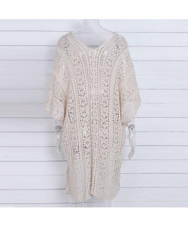 Martmory Women's Short Sleeve V-Neck Crochet Swimsuit Coverup - Beige, One Size - Buy Online on GoSupps.com