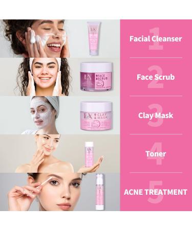 Daily Acne Essentials Kit - 5 Step Facial Skincare Set with Cleanser Face Scrub Clay Mask Toner & Acne Serum Complete Acne Skin Care Kit Wash Away Impurities To Reveal Glowing Skin 5 PCS 5.0 - Buy Online on GoSupps.com