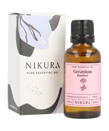 Nikura Geranium (Bourbon) Essential Oil - 30ml | 100% Pure Natural Oils | Perfect for Aromatherapy Diffusers Humidifier Bath | Great for Self Care Hair | Vegan & UK Made