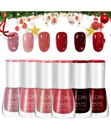 6PCS Red Nail Polish Set Nail Varnish - Quick Dry & Long Lasting Glitter Nail Varnish - Non-Toxic Water Based Holographic Nail Polish - No Need UV Nail Paint for DIY Nail Art Manicure at Home 8ML(Red)