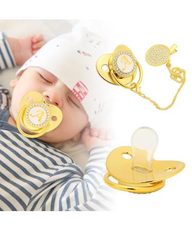 Golden Baby Pacifier - Curved Design Safe Materials 26 Letters | Bling Pacifier with Clips for Babies 6-18 Months (A) - Buy Online on GoSupps.com