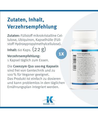 Klean Labs Coenzyme Q10 100mg - Vegan Non-GMO 60 Capsules - Pure & Potent Supplement - Buy Online on GoSupps.com