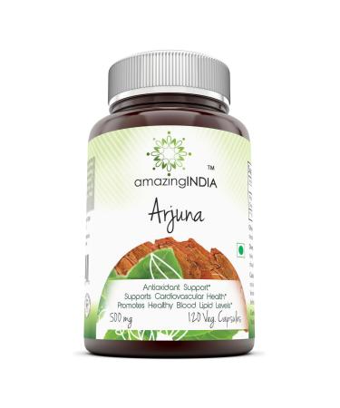 Amazing India Arjuna Bark Standardized to 25% Tannins 500 Mg 120 Veggie Capsules (Non-GMO) - Antioxidant Support* Supports Cardiovascular Health* Promotes Healthy Blood Lipid Levels*