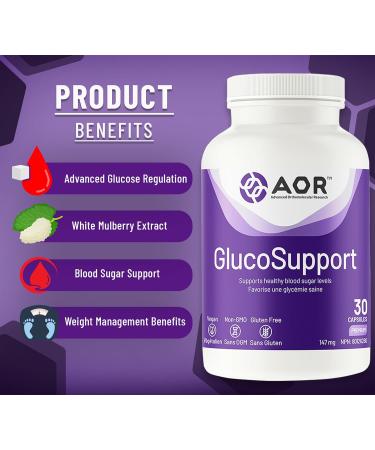 AOR - GlucoSupport 30 Capsules - Blood Glucose Support and Blood Sugar Control Supplement - Insulin Resistance Supplement - Mulberry Leaf Extract Morus Alba - Support Healthy Blood Sugar Formula - Buy Online on GoSupps.com