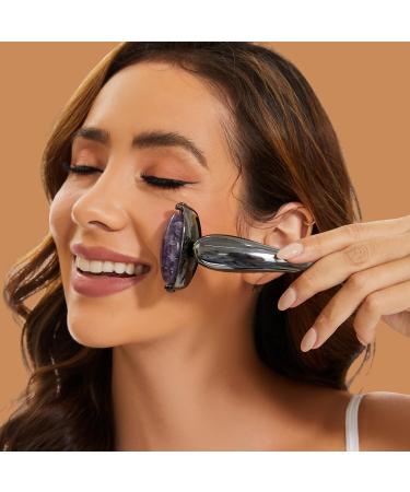 Jade Facial Roller - 3-in-1 Massager for Women | Reduce Puffiness & Wrinkles | Purple Crystal & Silver Black Handle - Buy Online on GoSupps.com