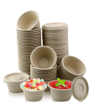 Vmiapxo 60 Sets 2oz Natural Bagasse Fiber Condiment Cups with Lids, Compostable Sauce Condiment Containers Disposable Paper Dishes Serving Sample Cups for Snack Tasting Charcuterie