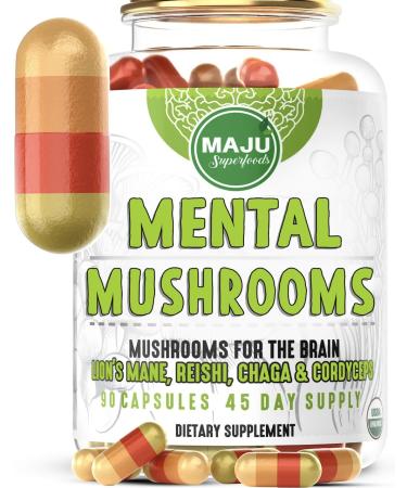 MENTAL Mushroom Capsules Organic Extract Supplement w/ Lion's Mane Cordyceps Reishi and Chaga Boost Your Focus Energy Wellness and Immune System - Nootropic Mushrooms Immune Support 90ct