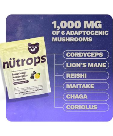 Nutrops Lions Mane Mushroom Gummies for adults Functional Nootropics Herbal Brain Supplement for Energy Brain Health Cognitive Memory & Focus Reishi Chaga Cordyceps Coriolus 28 daily Packs Low Sugar - Buy Online on GoSupps.com