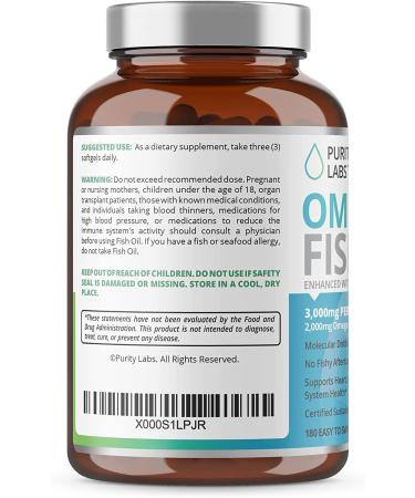 Purity Labs Omega 3 Fish Oil 3000mg - Vegan Supplements for Heart & Brain Health - 180 Softgels - Buy Online on GoSupps.com