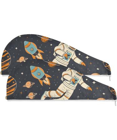 Super Absorbent Astronauts Spaceships Planets Hair Towel 2 Pack - Quick Dry Turbans for Women & Girls - Buy Online on GoSupps.com
