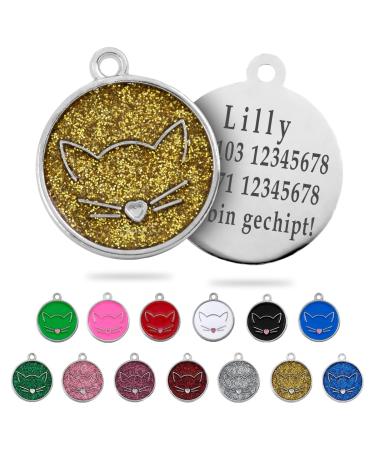Ibera Gifts - Personalized cat brand for medium to large cats in a round form with a cat with engraving name collar brand address trailer cat neck band (glitter gold) gold glitter