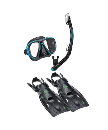 TUSA Sport Adult Powerview Mask, Dry Snorkel, and Fins Travel Set Large Black/Ocean Green