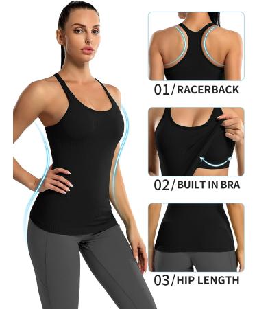 ATTRACO Ribbed Tank Top with Built-In Bra | Racerback Scoop Neck Athletic Top - Black - Large - Buy Online on GoSupps.com
