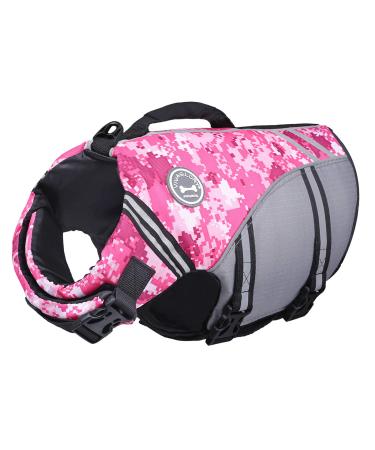 Vivaglory sports style life jacket for dogs with an excellent buoyancy adjustable & durable life jacket with a safe fastening system for large dogs camo pink L: 66-79 cm (chest circumference) Camo pink