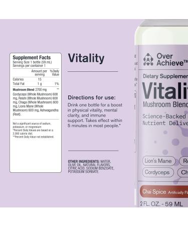 Mushroom Supplement Drink Fast-Acting Vitality Blend Cordyceps Reishi Chaga Lion s Mane Ashwaganda for Adults Chai Spice Flavor 2 fl oz (3 Pack) Vitality (Chai Spice) 0.67 Fl Oz (Pack of 3) - Buy Online on GoSupps.com