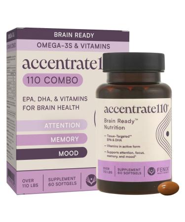 Accentrate110 - Focus Supplement - Methylated Vitamin B Complex with Omega 3 Fatty Acid Supplement - L-Methylfolate Vitamin B12 P-5-P Riboflavin VIT D 60 Softgels (1 Month Supply) Teen/Adult