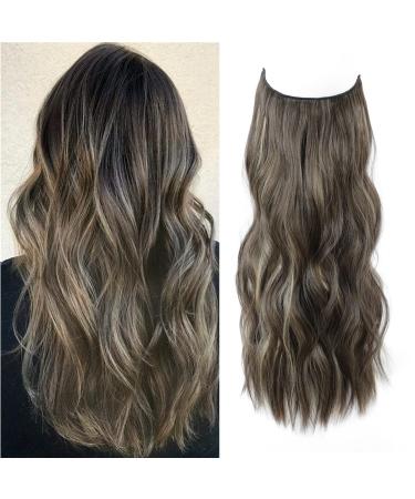 16" Invisible Wire Hair Extensions Natural Wavy Synthetic Hair Extension with Transparent Wire Adjustable Size Long Curly Secret Hair Pieces for Women (Cool Neutral Mushroom Brown Balayage) 16inch Cool Neutral Mushroom Brown Balayage