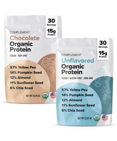 Complement Organic Vegan Protein Powder Bundle Unflavored & Chocolate (30 Servings Each) | Low Carb Low Calorie Sugar Free Soy Free Non-GMO Gluten Free | 15g Plant-Based Protein Per Serving