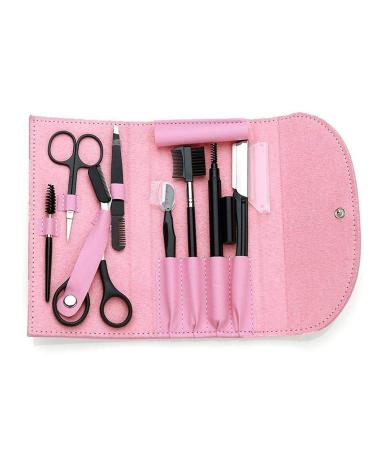 8PCS/SET Eyebrow Shaping Grooming Kit, Eyebrow Scissors, Eyebrow Pencil, Eyebrow Brush Trimmer, Brush, Beauty Tools Set with Leather Bag (pink)