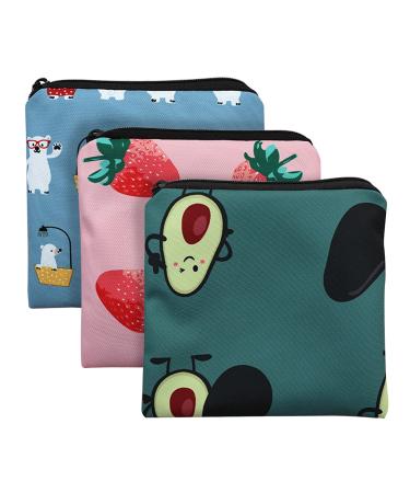 Sanitary Napkin Storage Bag 3pack Sanitary Napkin Pads Storage Bag with Zipper 5x5 inches First Period Bag for Girls Women Ladies(Strawberry)